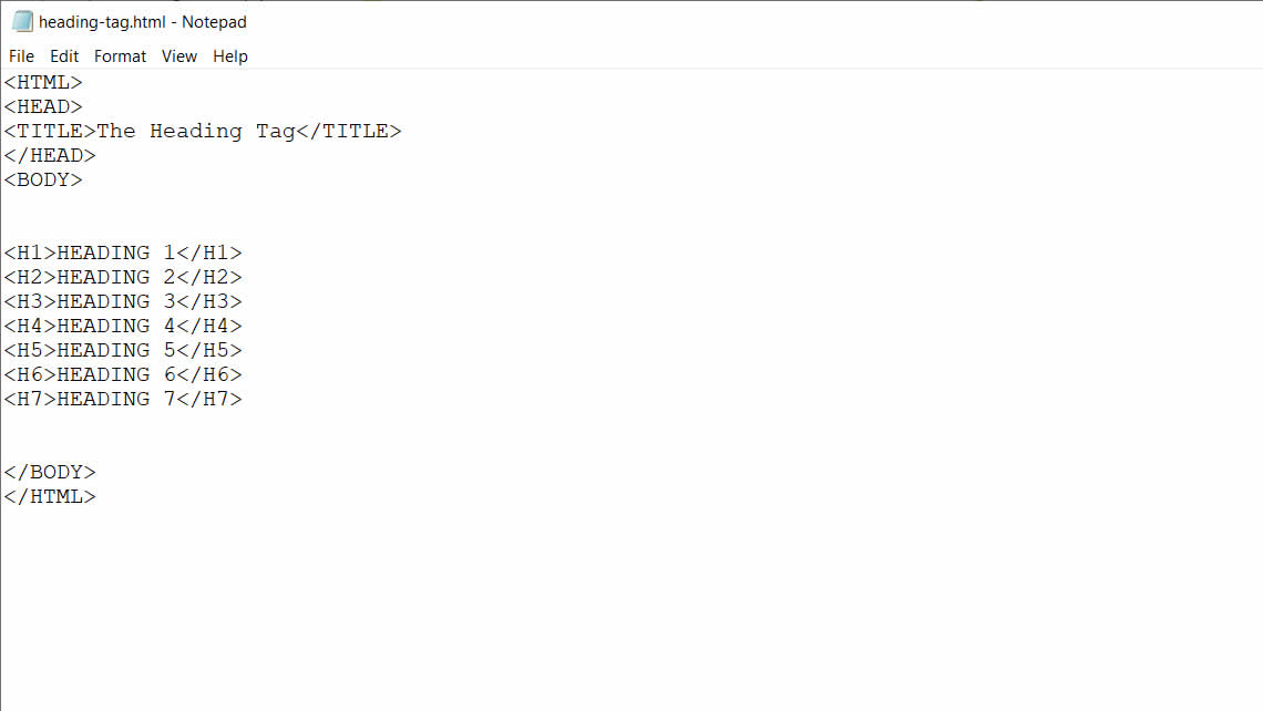 View HTML Tag for heading.